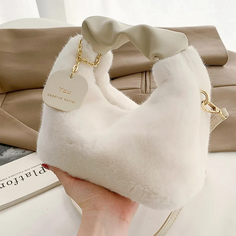 White Faux Fur Bag with Leather Handle