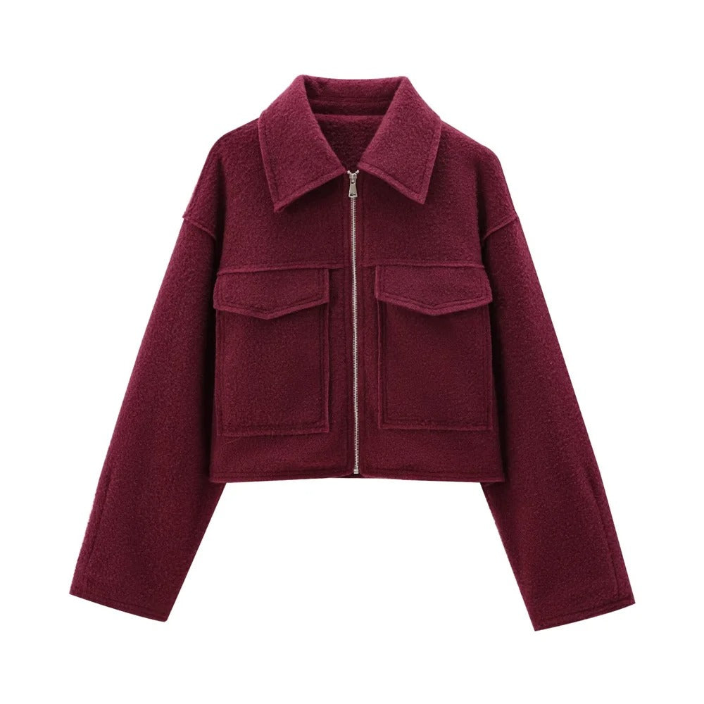 Burgundy Cropped Jacket with Lapels and Zipper