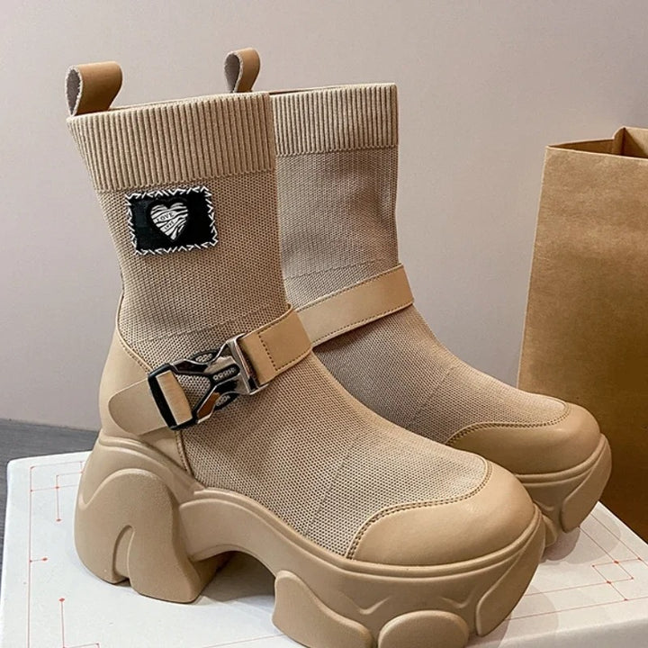 Khaki Platform Ankle Boots with Buckle and Elastic Knit on High Sole