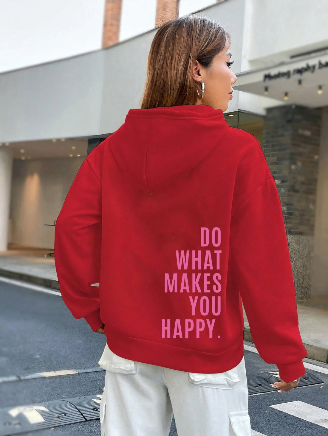 Czerwona Bluza Oversize z Kapturem "Do What Makes You Happy"