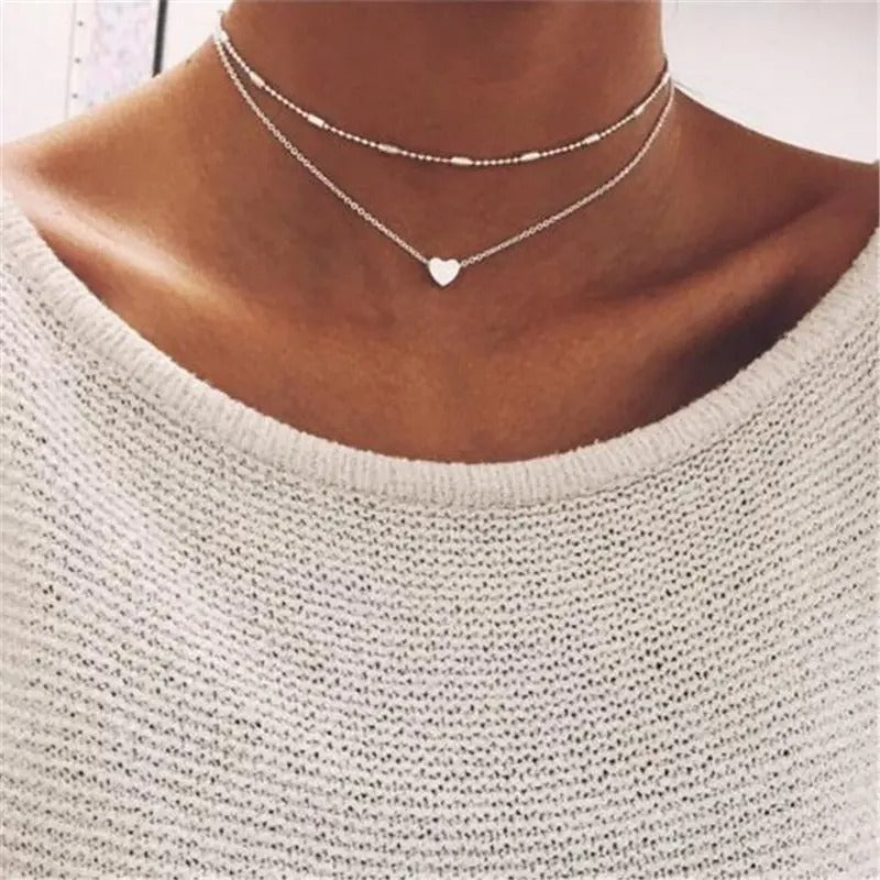 Silver Layered Heart Choker Necklace