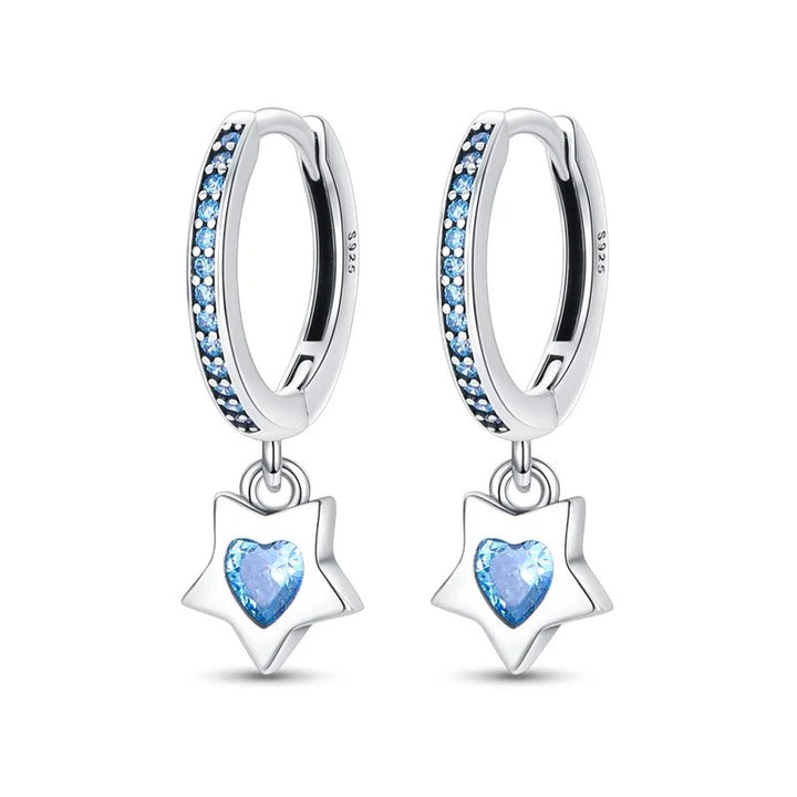 Silver Hoop Earrings with Star and Zircon Heart