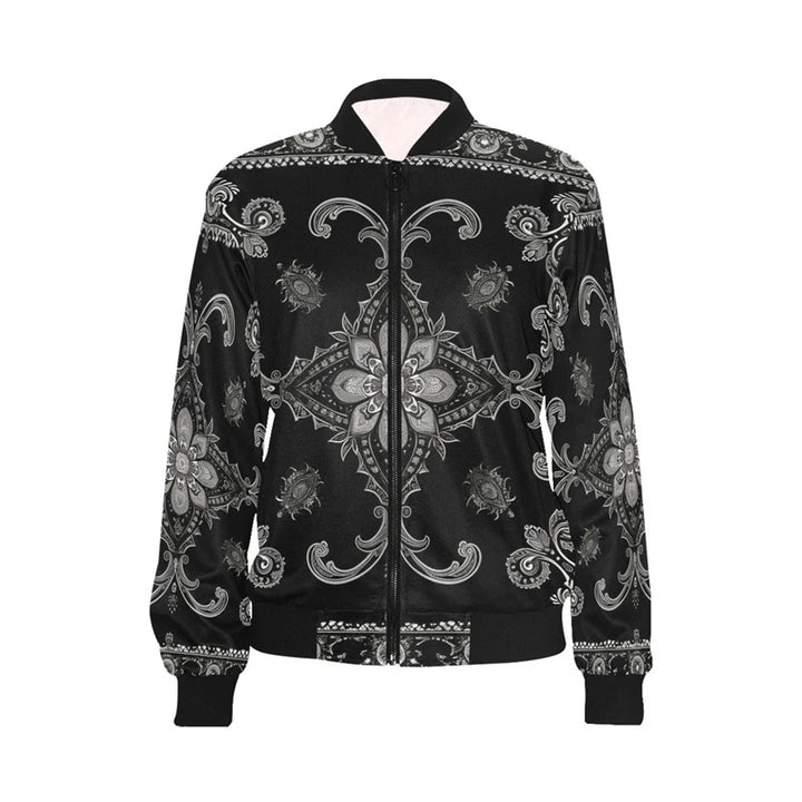 Black and Gray Ornamental Pattern Bomber Jacket