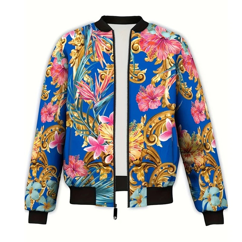 Blue Baroque Floral Bomber Jacket