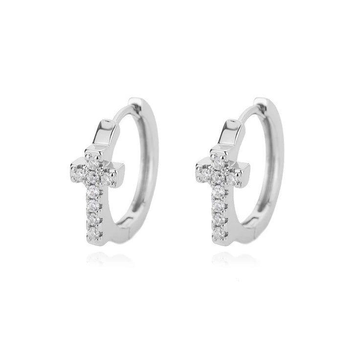 Silver Hoop Earrings with Zircons and a Cross