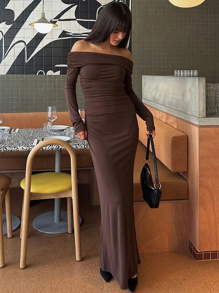 Brown ruched off shoulder maxi dress