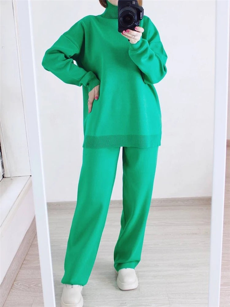 Green Knitted Set with Turtleneck and Wide Leg Pants