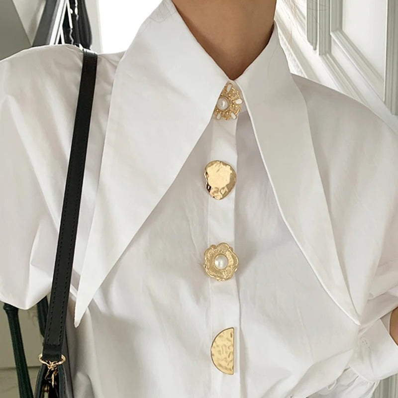 White Elegant Shirt with Pearl Trim