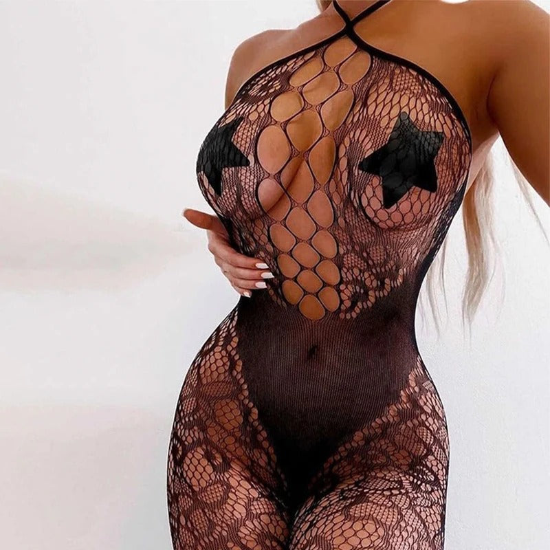 Black Lace Crotchless Bodysuit Sexy Lingerie Bodystocking