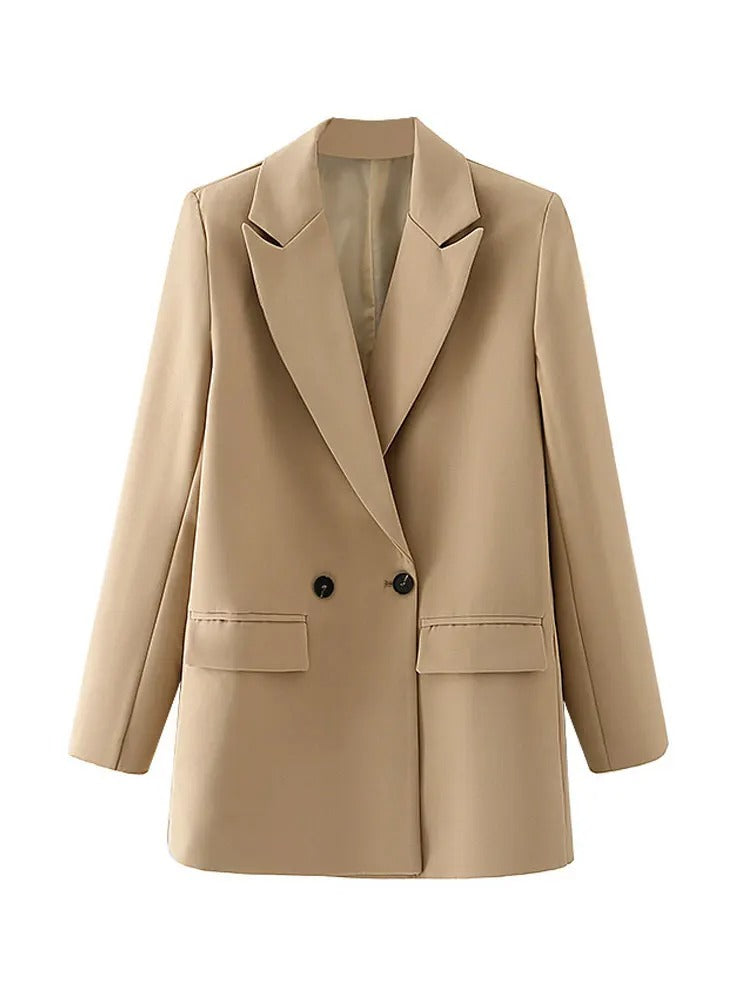 Camel Double-Breasted Elegant Blazer with Lapels