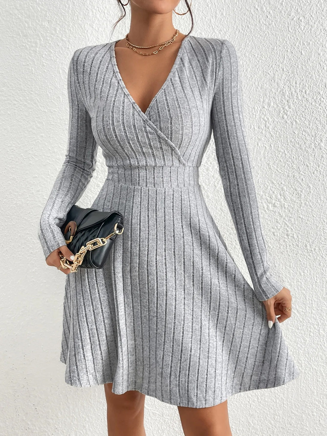 Gray V-Neck Knit Dress