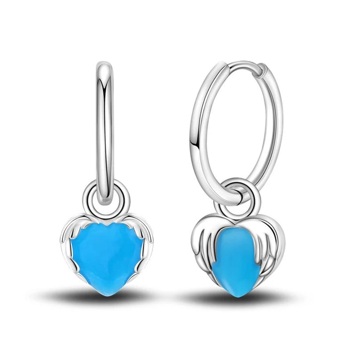 Silver Hoop Earrings with Turquoise Zircon Heart Shape