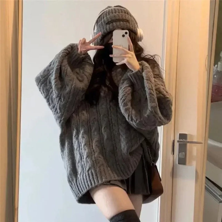 Oversized Gray Cable Knit Sweater