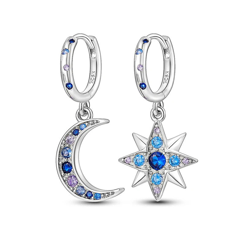 Silver Hoop Earrings with Moon and Star