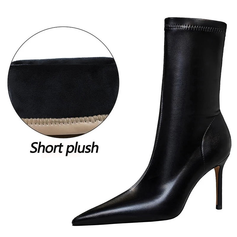 Black Fur High Heel Ankle Boots with PU Leather