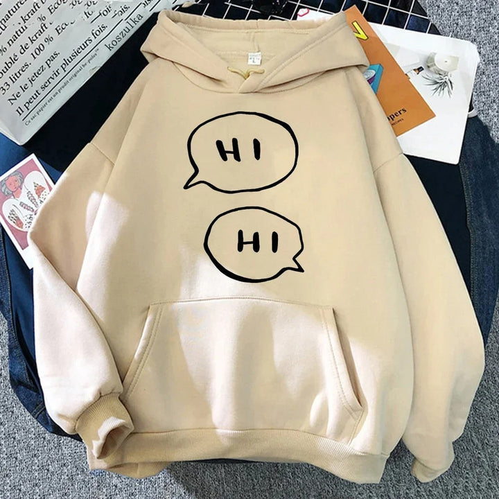 Khaki hoodie with HI lettering