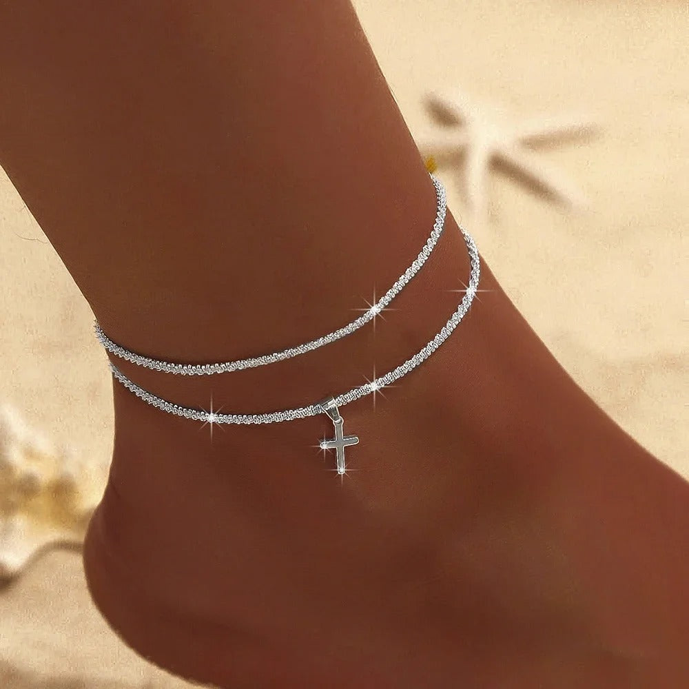 Silver Ankle Bracelet Set with Cross