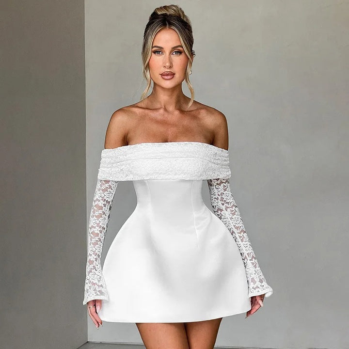 White Long Sleeve High Neck Mini Dress