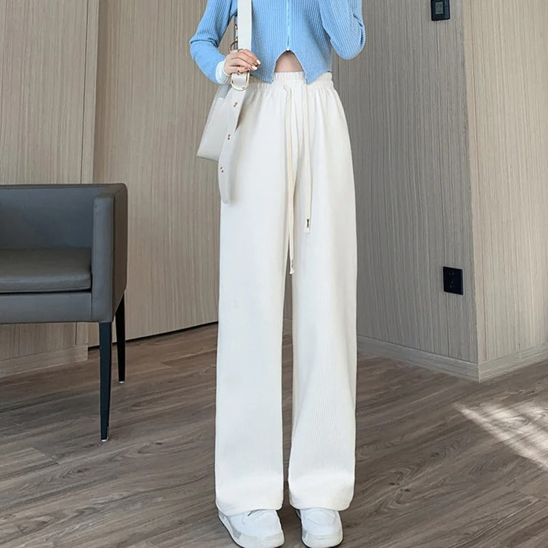 Beige Long Women's Casual Trousers with Wide Legs