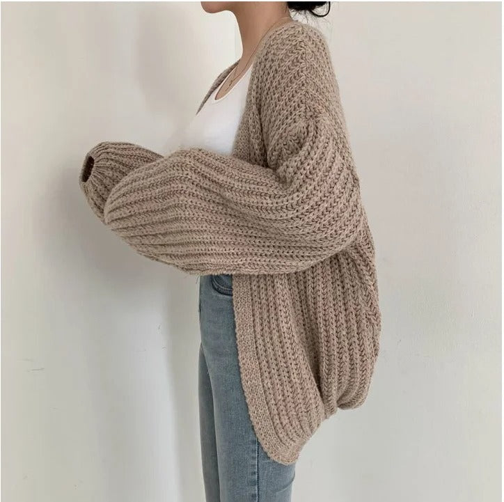 Khaki Puff Sleeve Cardigan