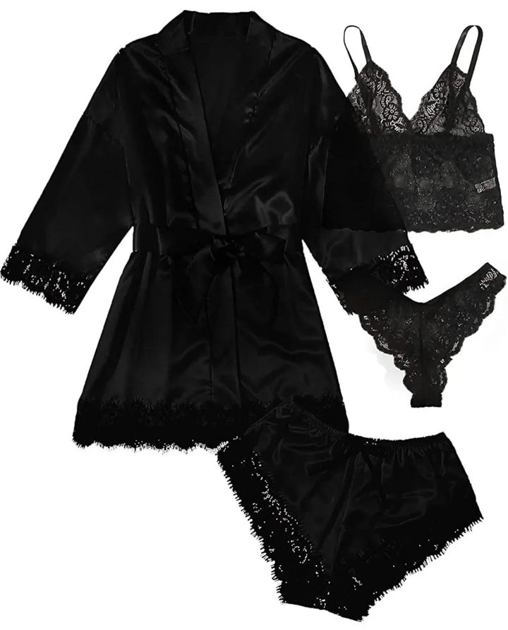 Black Satin 4-Piece Lace Pajama Set with Robe