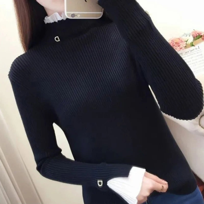 Black Turtleneck Sweater with Lace Trim