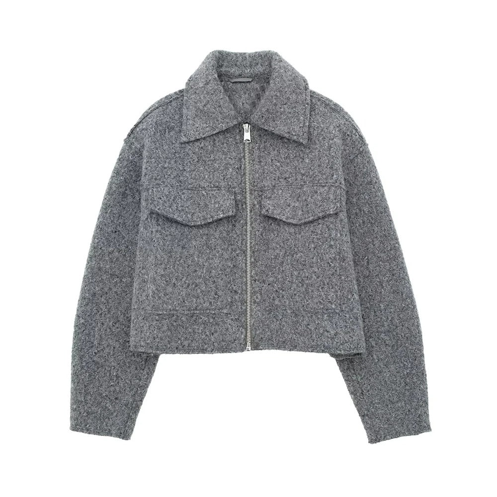 Gray Cropped Jacket with Lapels and Zipper