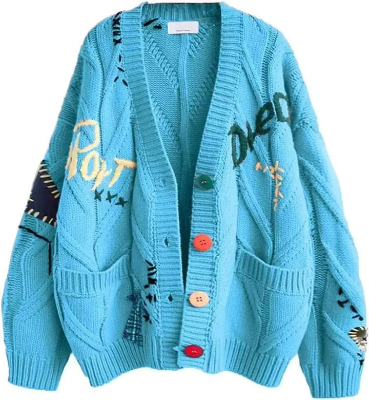 Embroidered Cardigan With Colored Buttons Light Blue