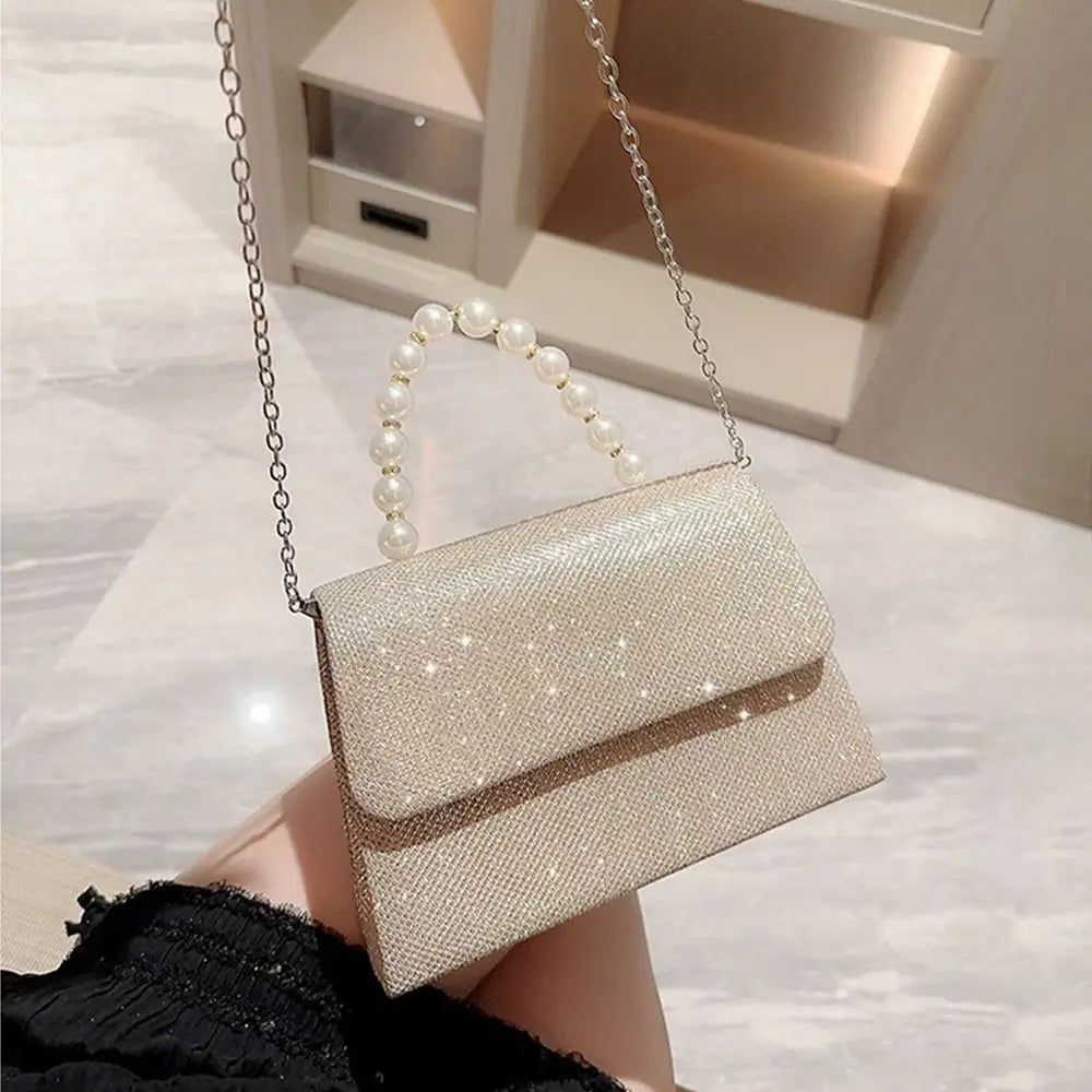 Evening Bag With Pearl Chain Gold