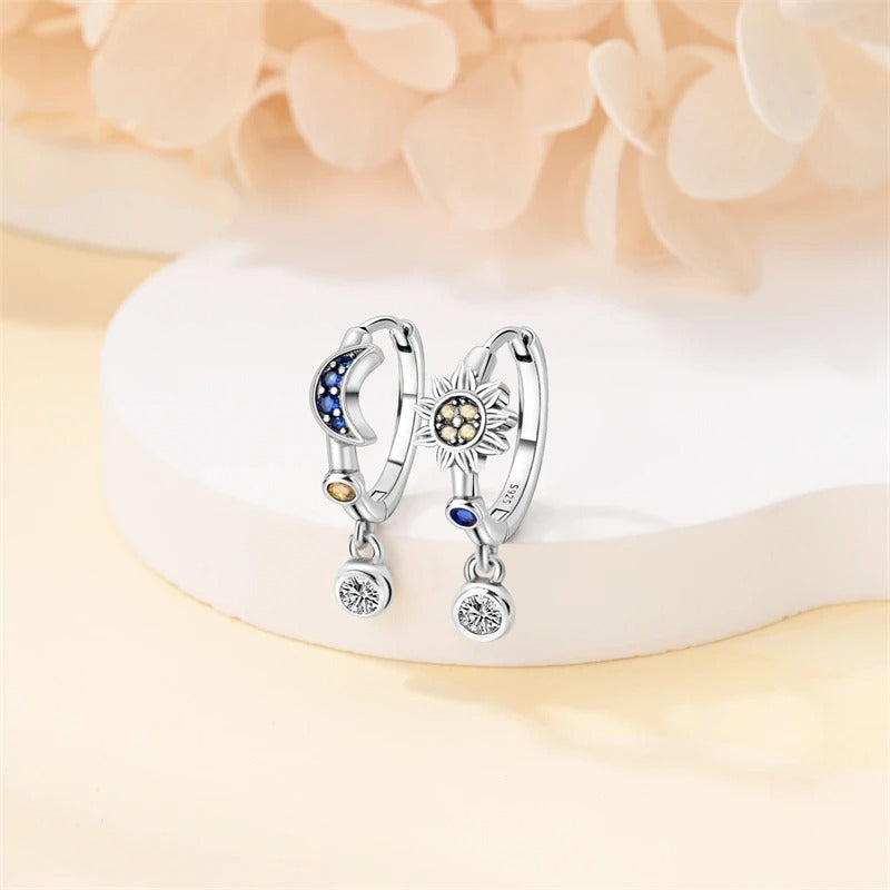 Silver Sun and Moon Hoop Earrings with Cubic Zirconia