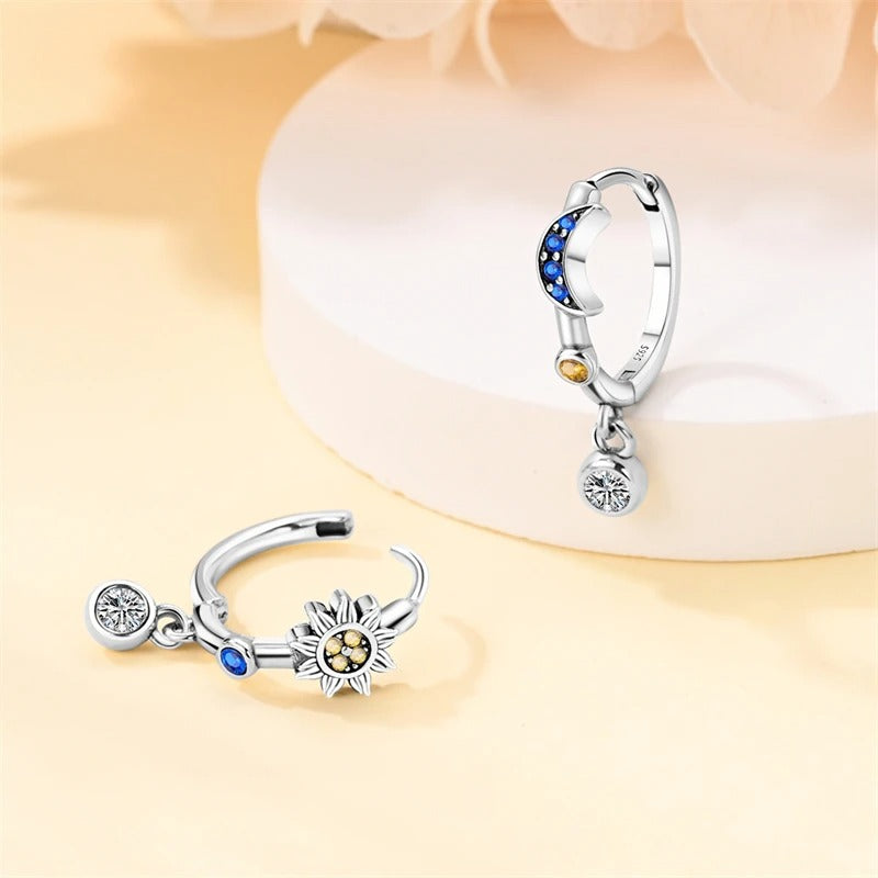 Silver Sun and Moon Hoop Earrings with Cubic Zirconia