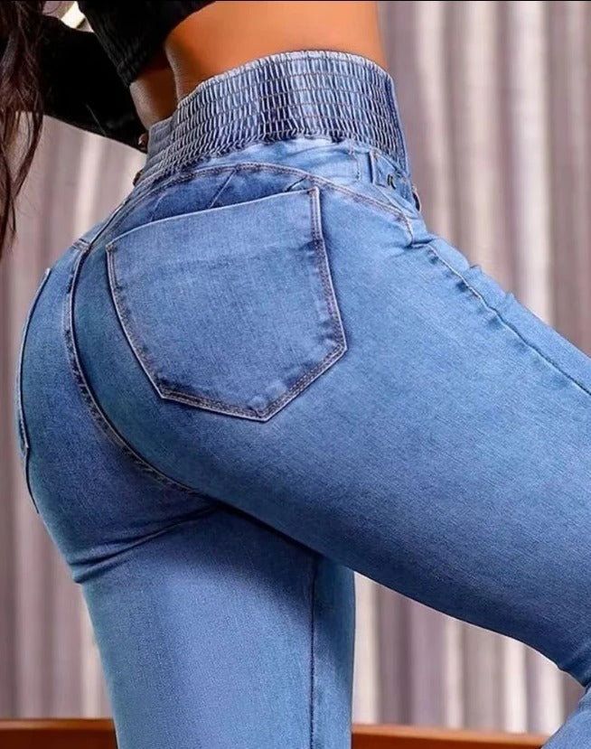 Blue High Waist Slim Fit Jeans with Buckle