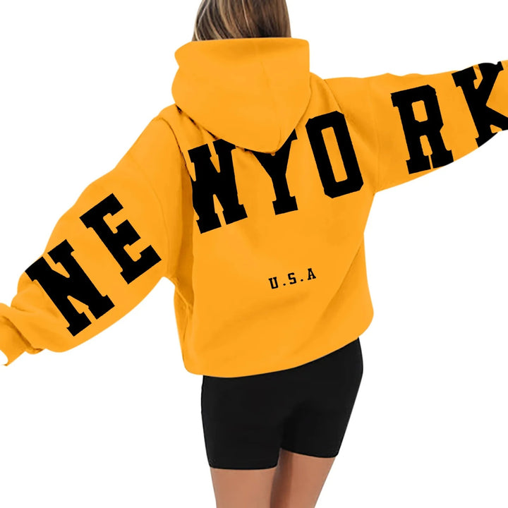 Żółta Bluza z Kapturem New York Oversize