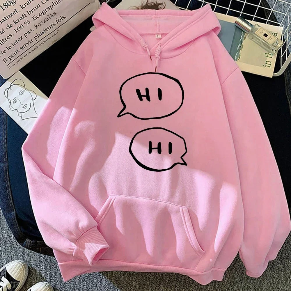 Pink hoodie with HI lettering