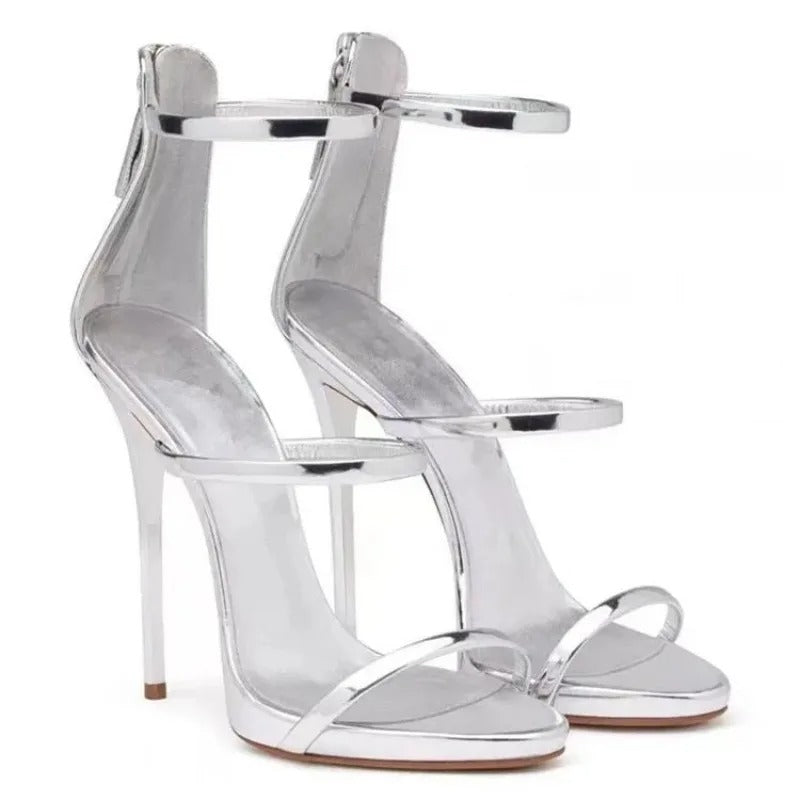 Silver High Heel Sandals with Straps and Shiny Finish