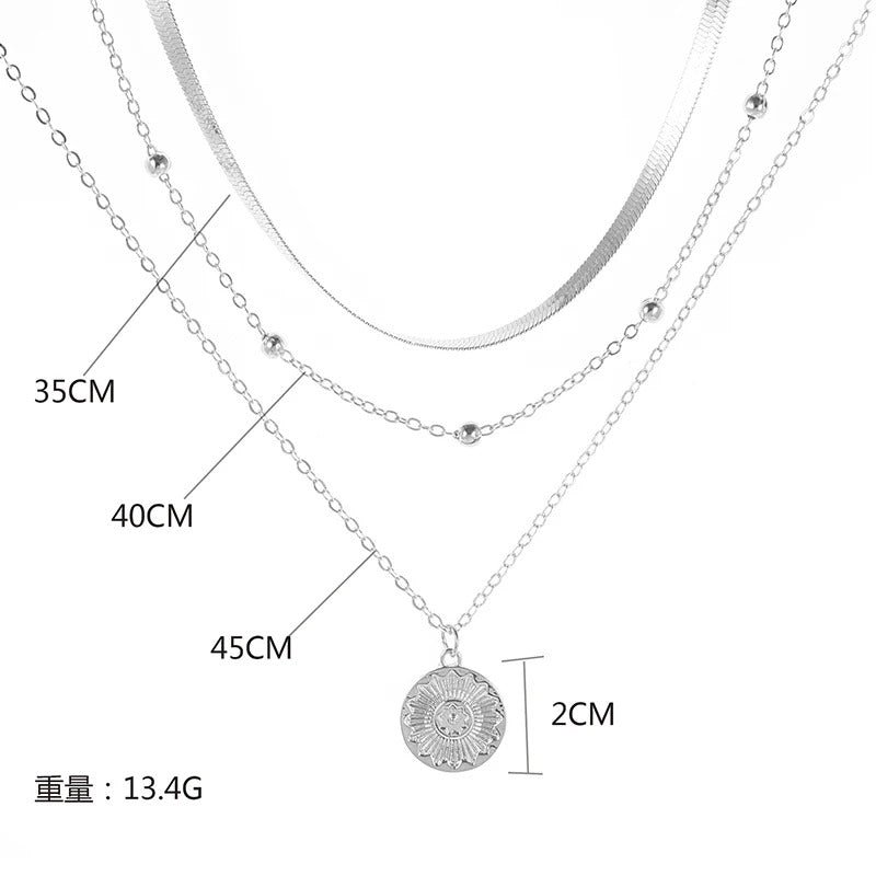 Platinum Three Layer Choker Necklace with Geometric Pendant