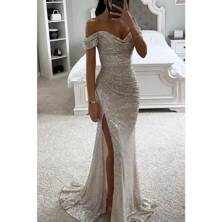 Silver Sequin Slit Dress