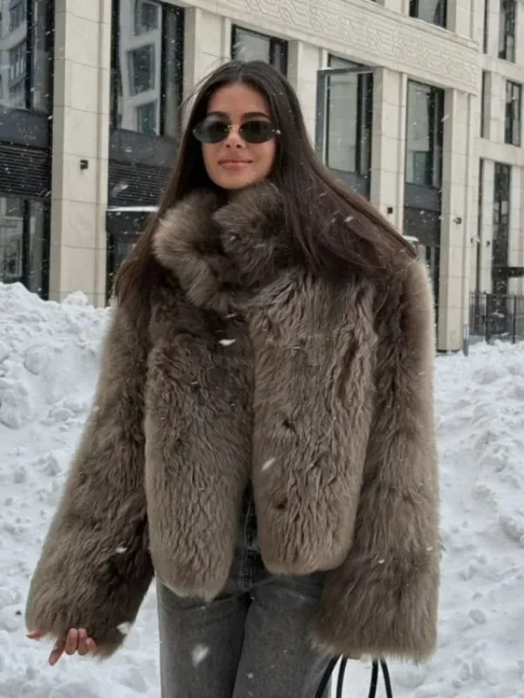 Brown Oversized Fur Coat with Collar