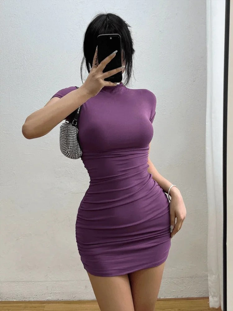 Purple Tight Dress with Ruching and Turtleneck