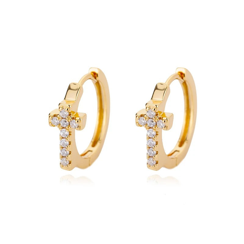 Gold Hoop Earrings with Zircons and a Cross