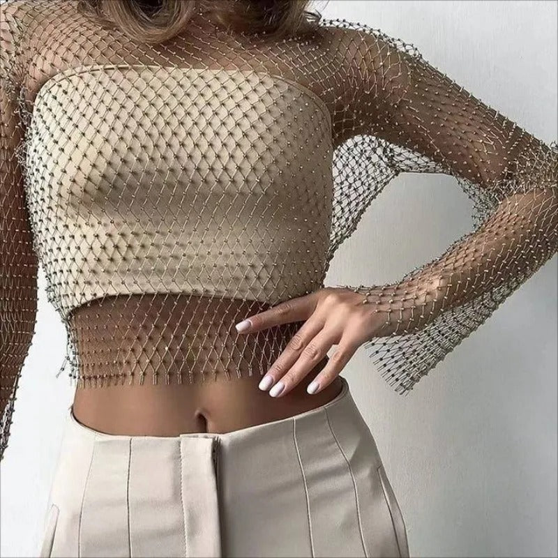 Czarny Siateczkowy Crop Top z Cyrkoniami