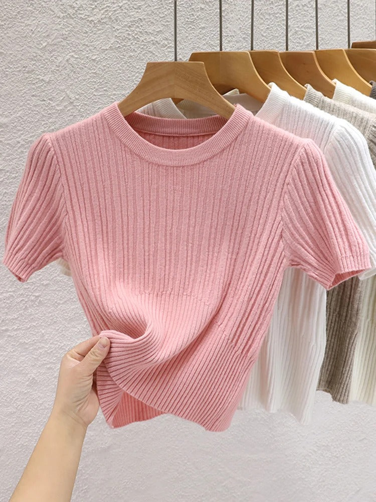 Pink Fitted Knit T-Shirt