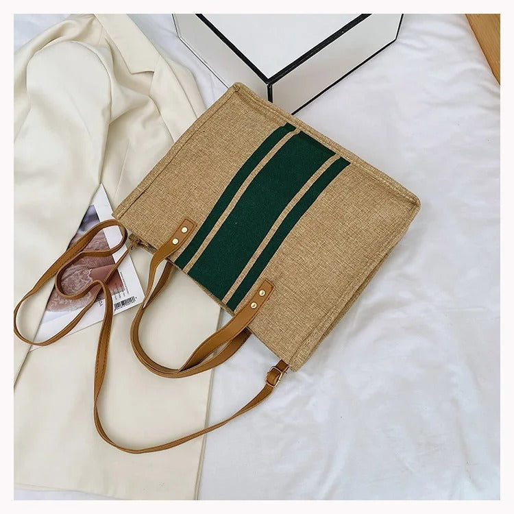 Green Striped Canvas Bucket Bag with Top Handle