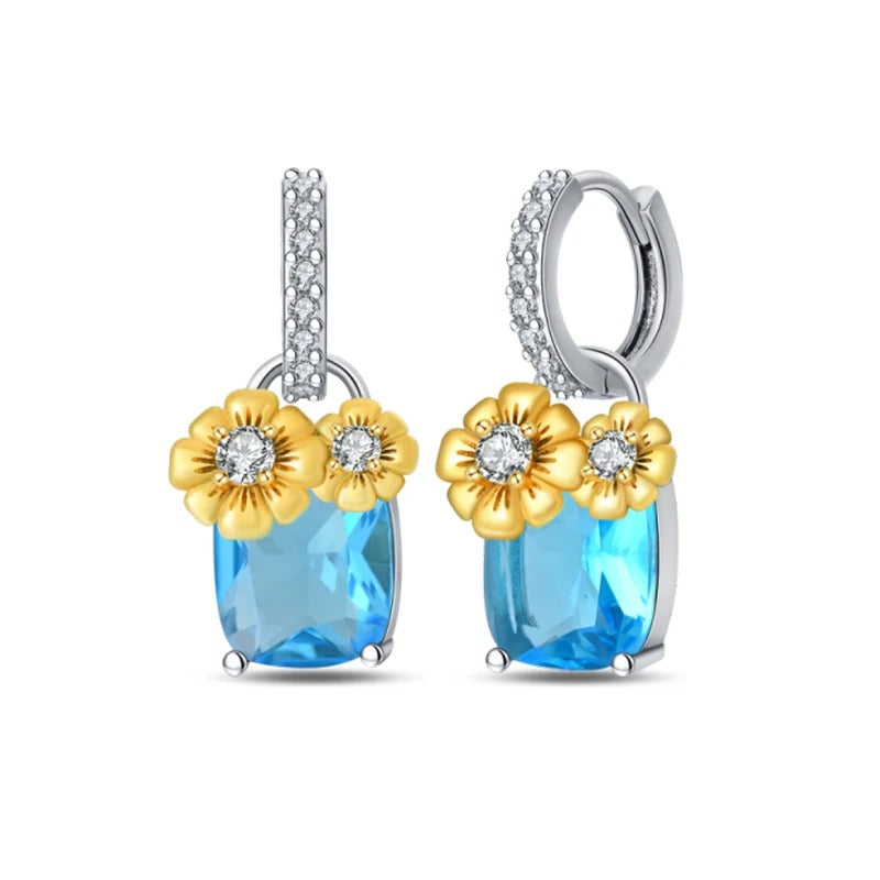 Silver Hoop Earrings with Blue Zircon and Gold Flowers