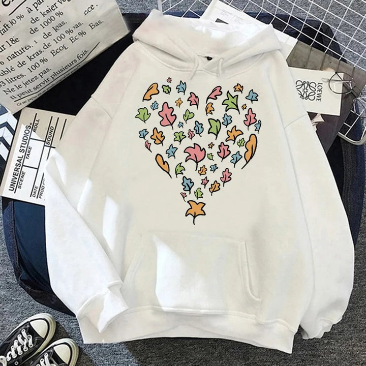 Heartstopper Hoodie in White - Colorful Heart-Shaped Leaves