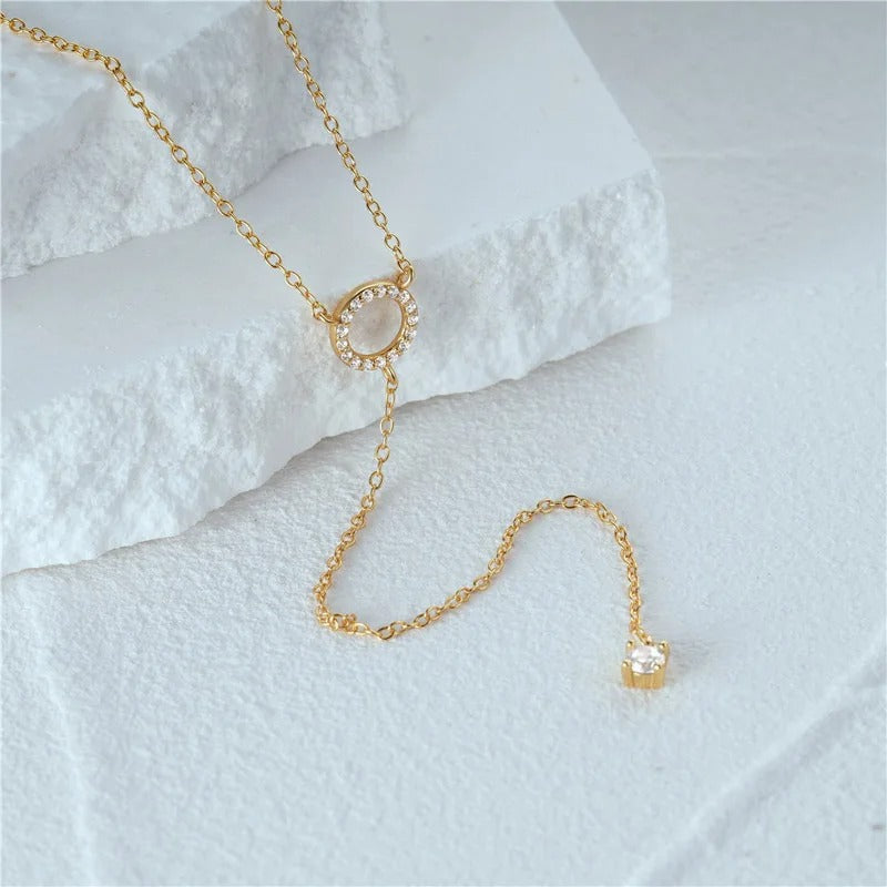 Gold Elegant Choker Necklace with Cubic Zirconia and Double Circle