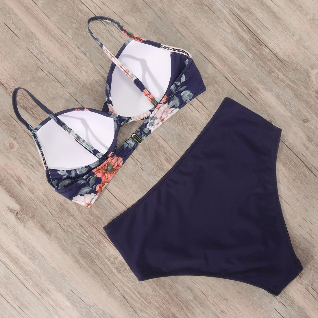 Navy Floral High Waist Push-Up Bikini