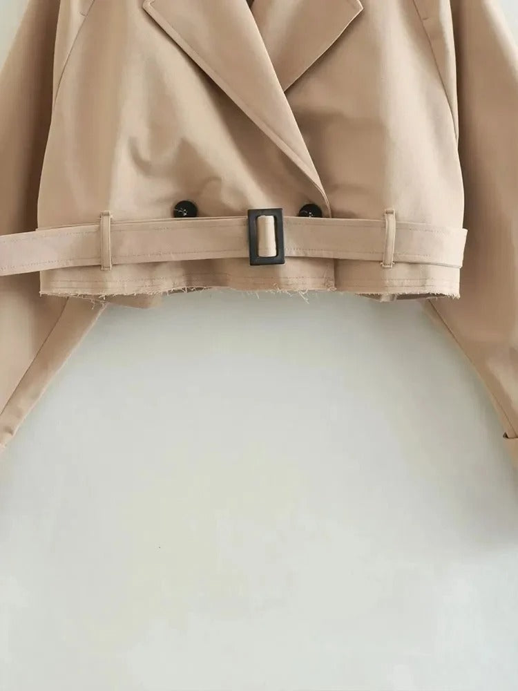 Beige Cropped Trench Coat with Belt Vintage Style