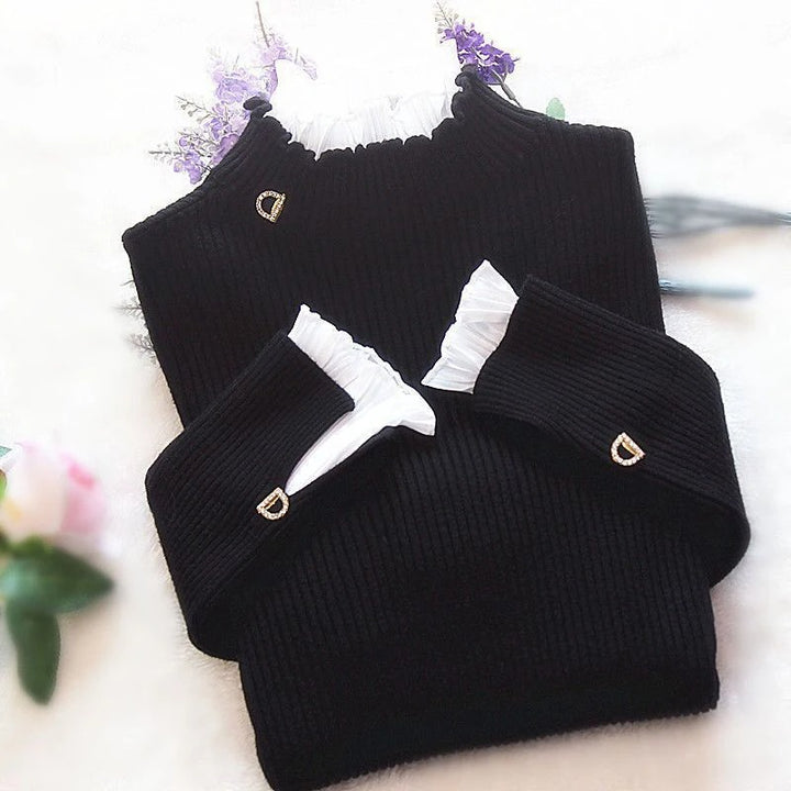 Black Turtleneck Sweater with Lace Trim