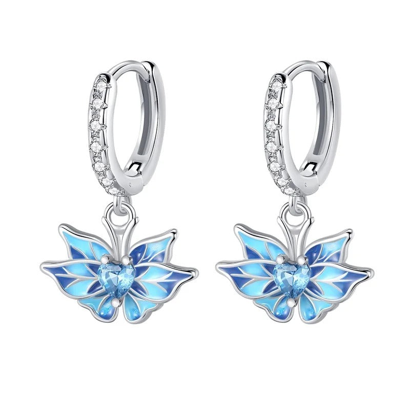 Silver Hoop Earrings with Butterfly and Zircon Heart